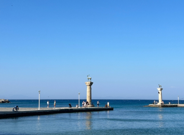 View of Mandraki Harbour, where the Colossus of Rhodes is believed to have once stood.